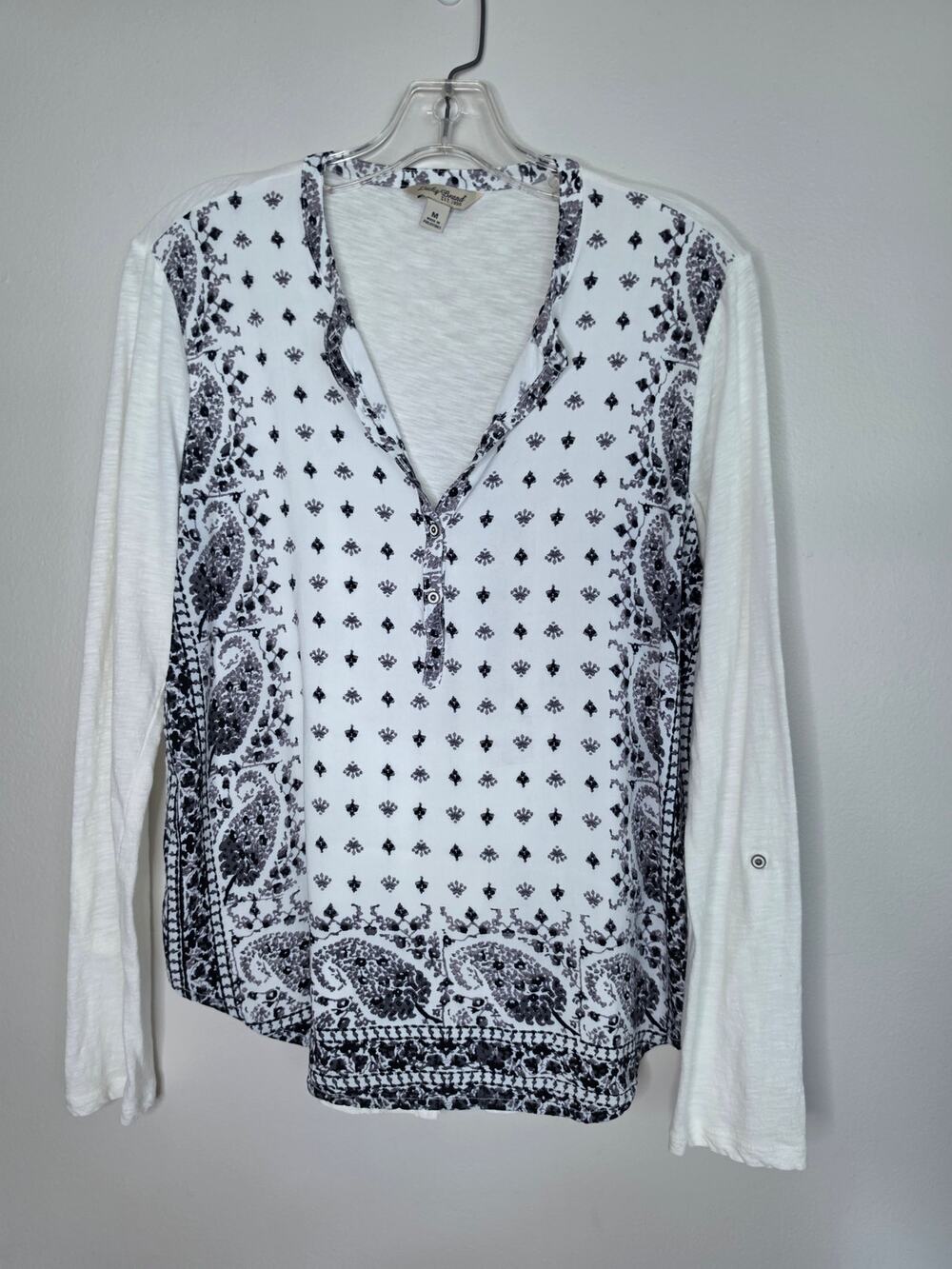Lucky Brand Paisley Print Long Sleeve Henley Top Ivory Black Boho Size M